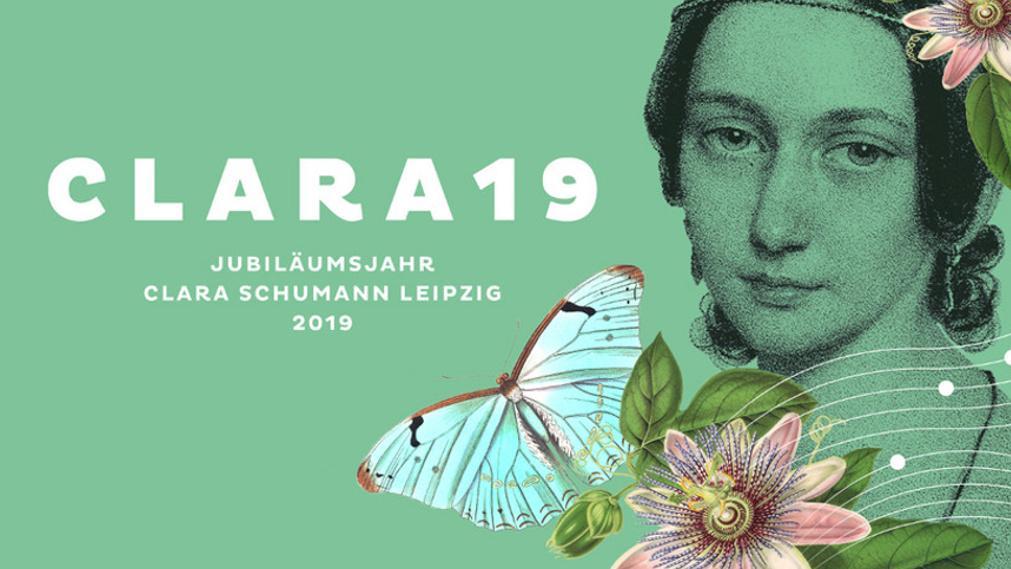 Signet Clara Schuman Jahr mit Portrait der Künstlerin, Blumen und Schmetterling